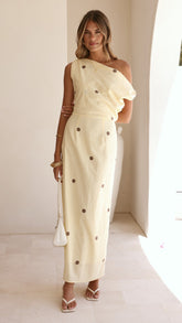 Luci Off Shoulder Maxi Dress - Yellow/Chocolate Polka
