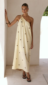 Nasira One Shoulder Maxi Dress - Yellow/Chocolate Polka