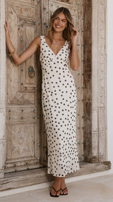Cassara Maxi Dress - White / Black Polka Dot