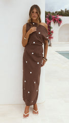 Aurra Off Shoulder Maxi Dress - Brown/White Polka