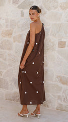 Nasira One Shoulder Maxi Dress - Chocolate / White Polka Dot