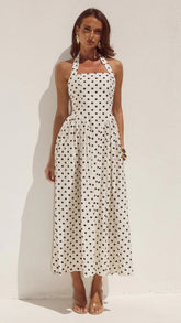 Sammi Halter Midi Dress - Cream/Black Polka