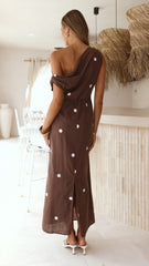 Aurra Off Shoulder Maxi Dress - Brown/White Polka