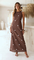 Vana Maxi Dress - Brown/White Polka