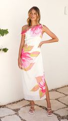 Maisy Shoulder Tie Midi Dress - Pink Green