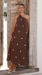Nasira One Shoulder Maxi Dress - Chocolate / White Polka Dot