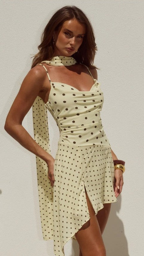 Alora Scoop Neck Mini Dress - Lemon / Choc Polka