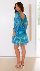 Xarissa Mini Dress - Blue / Green Print