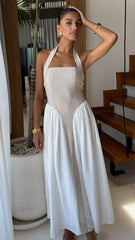 Sammi Halter Midi Dress - Sand/White